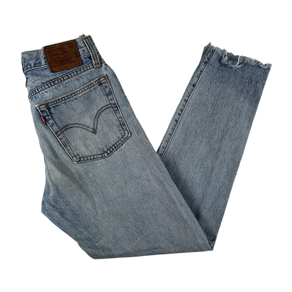 Levis Wedgie Straight Jeans Womens 25x27 Light Wash High Rise Raw Hem Button Fly